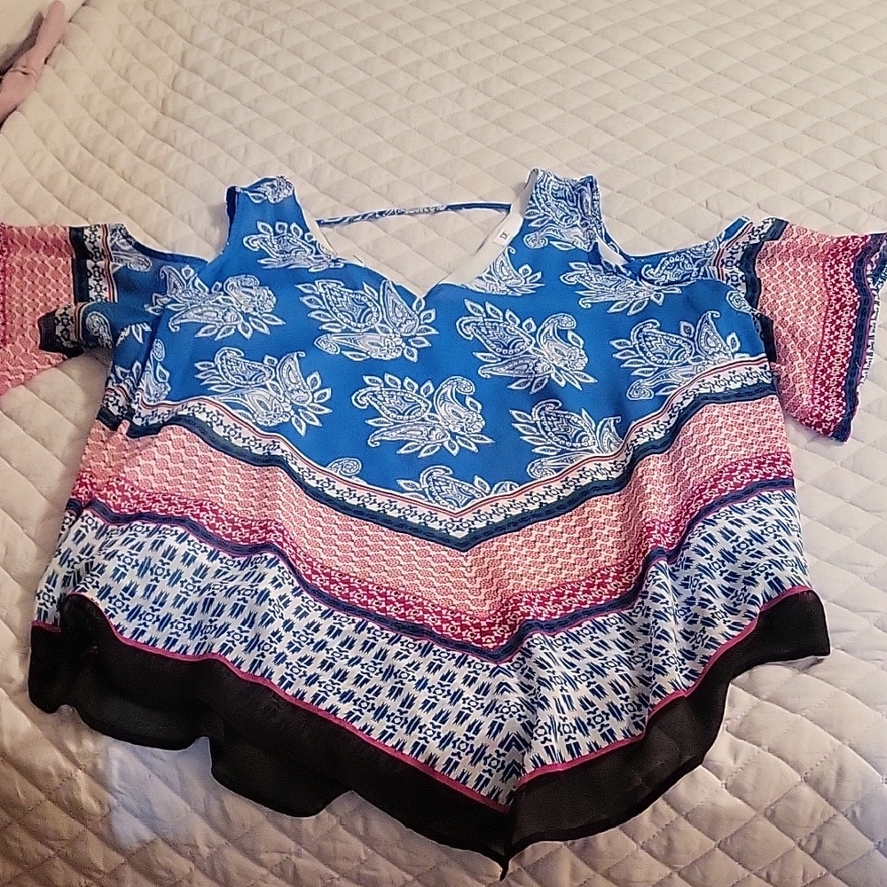 DR2 Multicolor Patterned BlouseDR2 Top Women L Large Colorful Cold Shoulder Azte